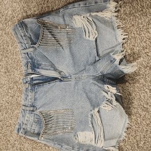 Rhinestone fringe distressed jean shorts